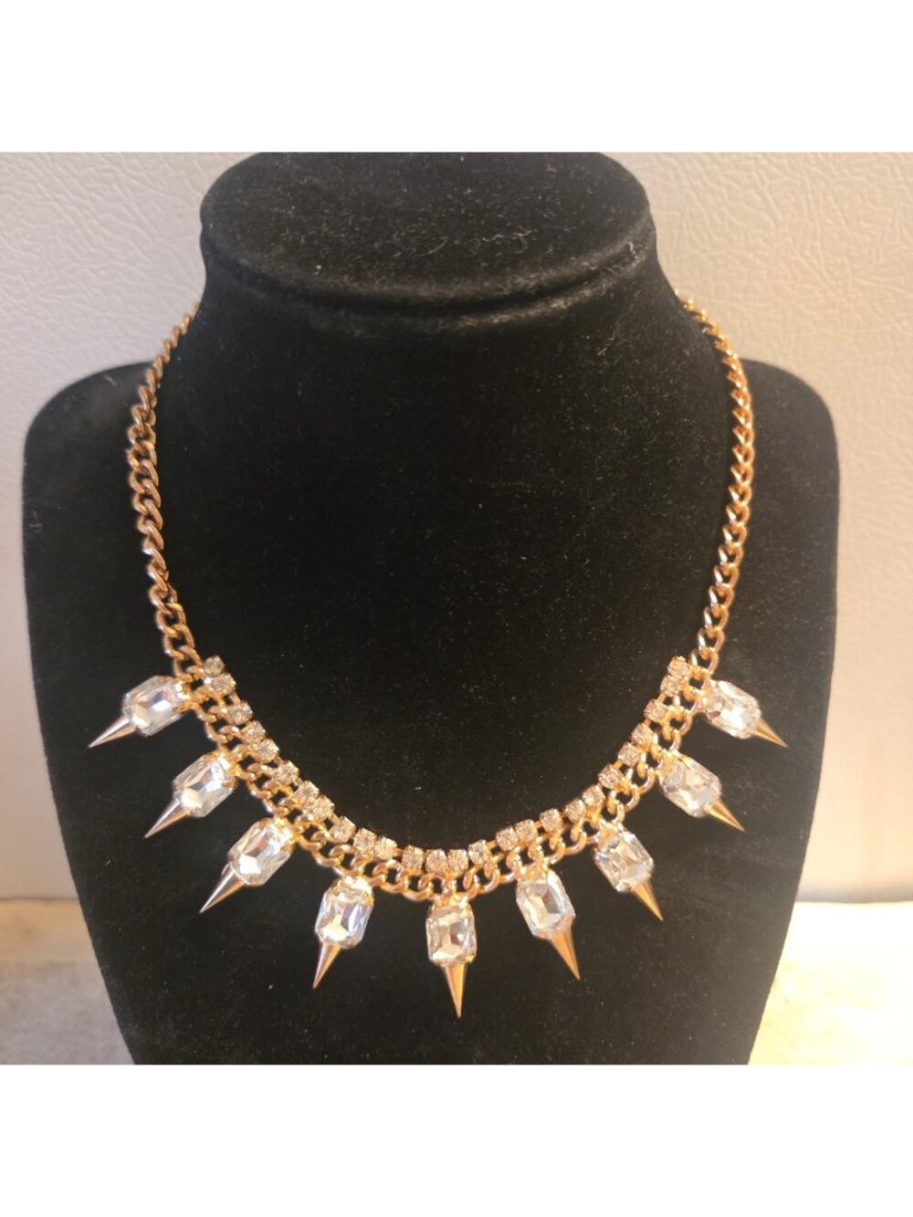 Spiked Fringe Crystal Necklace Rhinestone Gold Tone Jewelry Clubbing Choker